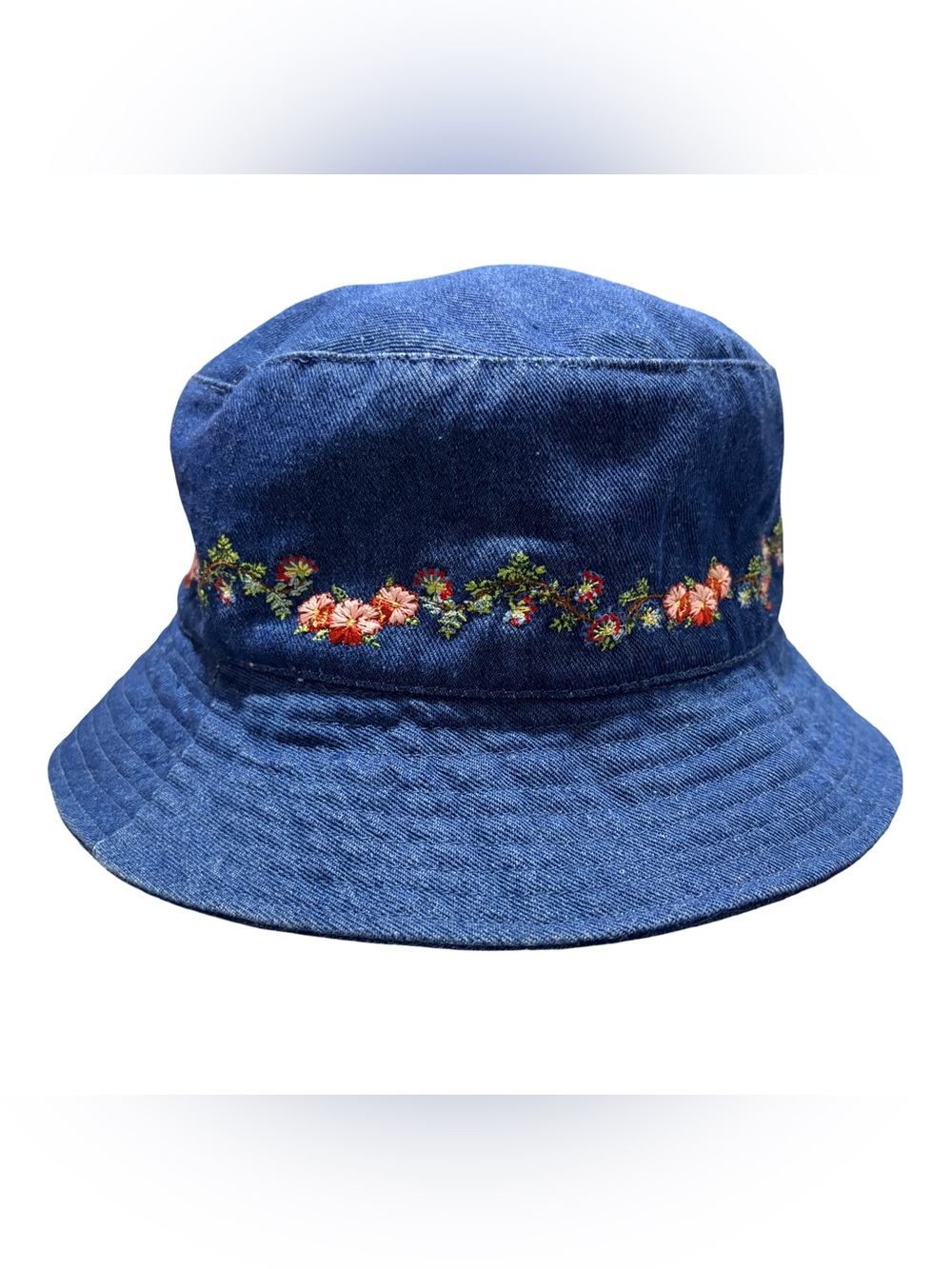 Vintage 2003 Cappelli‎ Straworld Denim Floral Embroidered Bucket Hat Blue Y2K